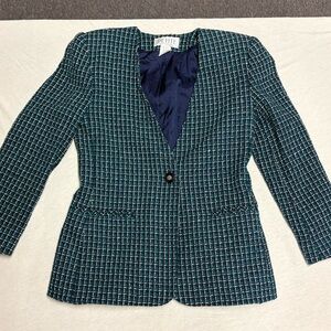 Vintage Women's Teal Checkered Blazer - Petite Sophisticate Size 2 (XS)